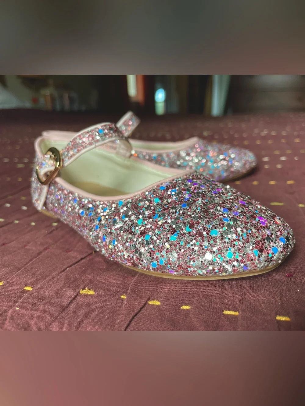 Crewcuts Pink Glitter Mary Jane Shoes with Gold Buckle